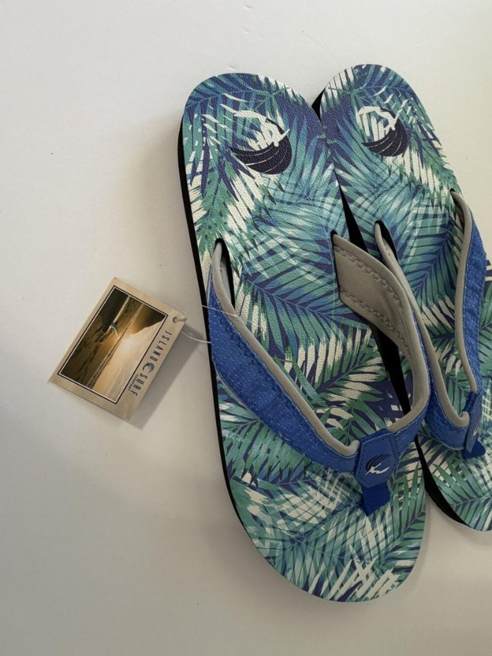 Island Surf Mens Sandals Size 10 Blue Tropical Palm Print Flip Flop Beach Shoes - Picture 4 of 5